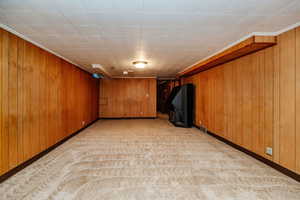 Carpeted spare room with wooden walls