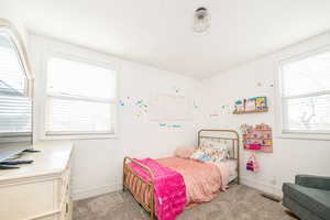 Bedroom with light colored carpet