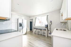 Kitchen featuring white cabinetry, stainless steel fridge with ice dispenser, decorative backsplash, and sink