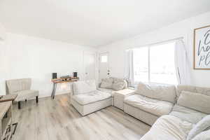 Living room with light hardwood / wood-style flooring