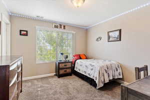 Carpeted bedroom with a textured ceiling