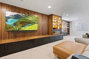 Cinema room with light carpet and wooden walls