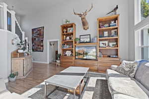 Living room with dark wood-type flooring and a high ceiling