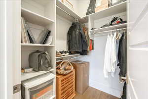 Walk in closet with light hardwood / wood-style flooring