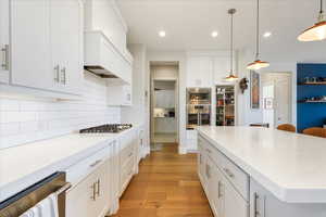 Kitchen featuring pendant lighting, light wood-type flooring, white cabinets, and stainless steel appliances