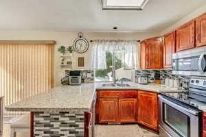 Kitchen featuring a breakfast bar, backsplash, kitchen peninsula, stainless steel appliances, and sink