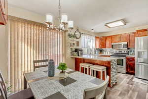 Kitchen featuring backsplash, pendant lighting, stainless steel appliances, light wood-type flooring, and sink