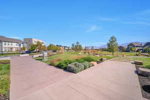 View of property's community with a mountain view and a yard