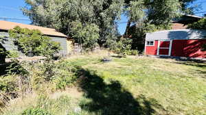 View of yard featuring a shed