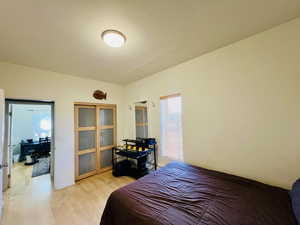 Bedroom featuring light hardwood / wood-style floors and multiple windows