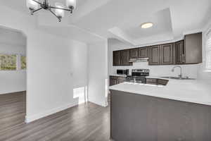 Kitchen featuring kitchen peninsula, dark hardwood / wood-style flooring, stainless steel appliances, dark brown cabinets, and sink