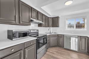 Kitchen featuring sink, dark brown cabinets, hardwood / wood-style flooring, stainless steel appliances, and decorative backsplash