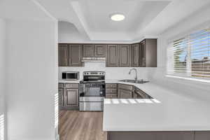 Kitchen featuring hardwood / wood-style flooring, sink, decorative backsplash, a raised ceiling, and appliances with stainless steel finishes