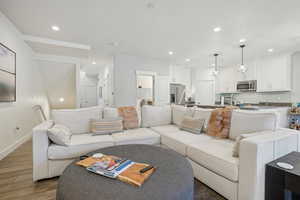 Living room with dark hardwood / wood-style floors