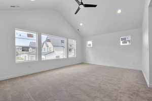 Carpeted spare room featuring high vaulted ceiling, a wealth of natural light, and ceiling fan