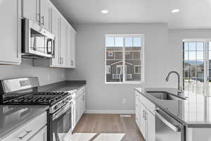 Kitchen featuring white cabinets, stainless steel appliances, plenty of natural light, and light wood-type flooring