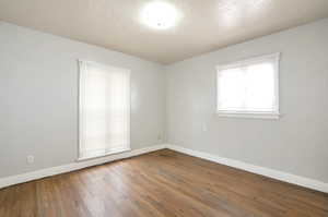 Empty room featuring wood-type flooring, a textured ceiling, and plenty of natural light