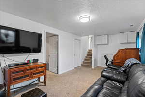 Carpeted living room with a textured ceiling