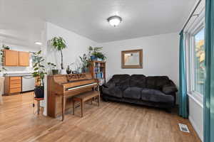 Living room with a textured ceiling and light hardwood / wood-style floors