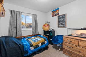 Carpeted bedroom with a textured ceiling