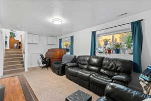 Carpeted living room featuring a textured ceiling and a wealth of natural light