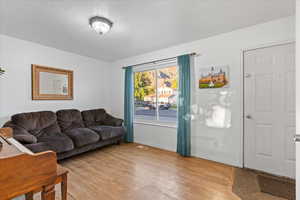 Living room featuring light hardwood / wood-style floors and a textured ceiling