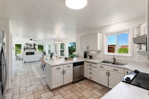 Kitchen with dishwasher, plenty of natural light, kitchen peninsula, and sink