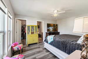 Bedroom featuring a closet, ceiling fan, a walk in closet, hardwood / wood-style flooring, and ensuite bath