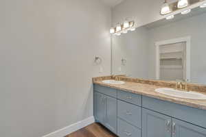 Bathroom with wood-type flooring and vanity