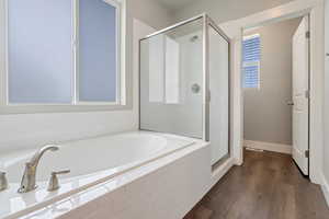 Bathroom with separate shower and tub and hardwood / wood-style floors