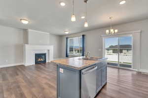 Kitchen featuring stainless steel dishwasher, plenty of natural light, an island with sink, and decorative light fixtures