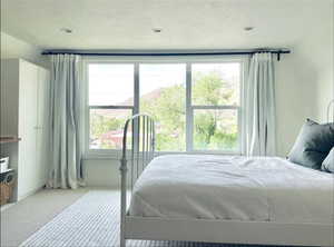 Bedroom featuring light colored carpet and multiple windows