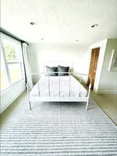 Bedroom featuring carpet floors and a textured ceiling