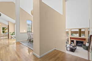 Hallway with high vaulted ceiling, light hardwood / wood-style floors, and a healthy amount of sunlight