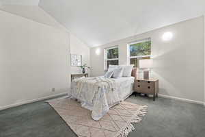 Carpeted bedroom featuring vaulted ceiling