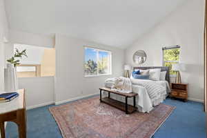 Bedroom with dark colored carpet and high vaulted ceiling