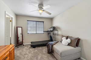 Workout area with light carpet and ceiling fan