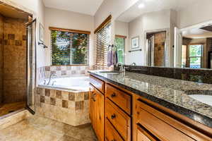 Primary Bath, Double Vanity, Jetted Soaking Tub, Shower, Walk in Closet