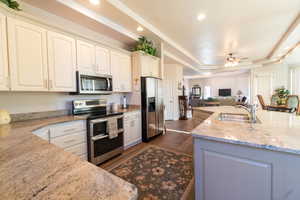 Kitchen with ceiling fan, light stone counters, sink, appliances with stainless steel finishes, and a tray ceiling