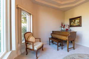 Living area with a tray ceiling and light carpet