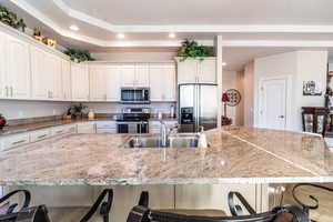 Kitchen with appliances with stainless steel finishes, white cabinetry, a kitchen breakfast bar, and sink