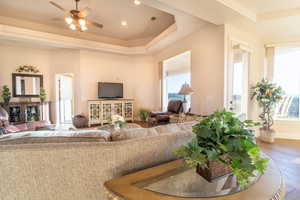 Living room featuring wood-type flooring, ceiling fan, and a raised ceiling