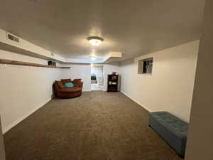 Living area featuring a textured ceiling and carpet