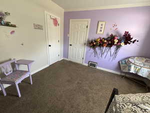 Interior space featuring carpet floors and ornamental molding