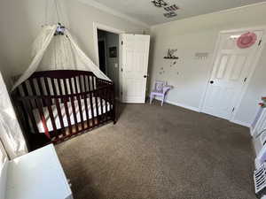 Bedroom featuring crown molding, dark carpet, and a nursery area