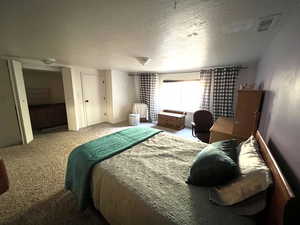 Carpeted bedroom featuring a textured ceiling