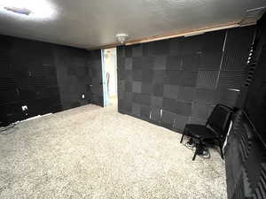 Carpeted recording studio with a textured ceiling and sound proof wall covers