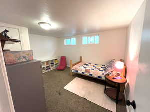 Carpeted bedroom featuring a textured ceiling