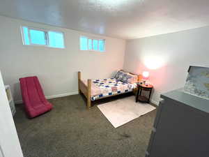 Bedroom featuring dark colored carpet