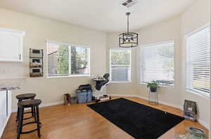 dining room and a chandelier